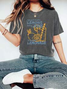 Lemonade Graphic Print Women's T-Shirt Short-Sleeved Round Neck Casual Top Summer Spring Women's Clothing - 深灰色 - 查看 1