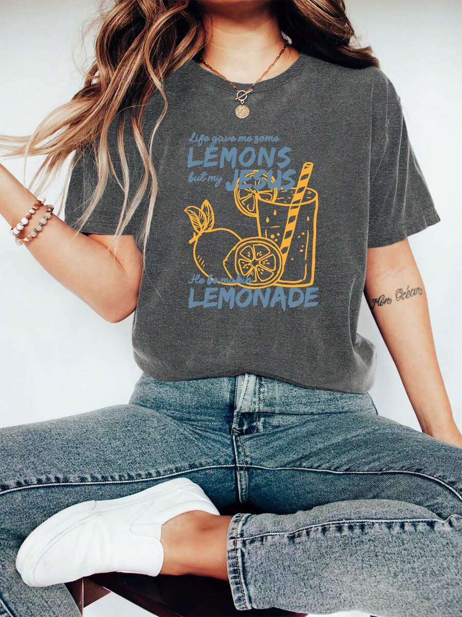 Lemonade Graphic Print Women's T-Shirt Short-Sleeved Round Neck Casual Top Summer Spring Women's Clothing - 深灰色 - 查看 1