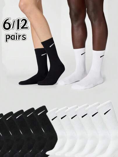 6/12 pares de calcetines deportivos de algodón de media pantorrilla de unicolor negro y blanco de talla grande europea, versátiles, que absorben la humedad y transpirables