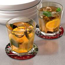 6 pièces/set ou 420 pièces/70 sets Chiens de Noël assis dans un camion rouge, motif sapin de Noël et flocons de neige, dessous-de-verre ronds en caoutchouc absorbant de 10 cm/2 mm d'épaisseur avec fond en caoutchouc souple, dessous-de-verre décoratifs convenant pour les tasses, la décoration de la cuisine et de la table de salle à manger