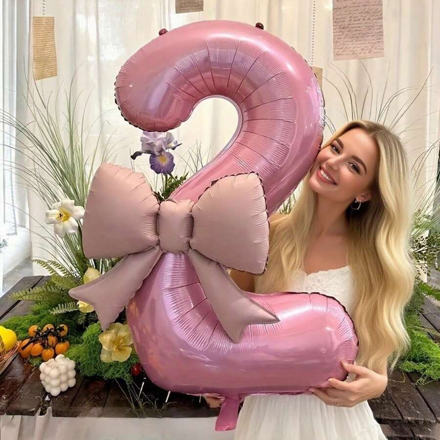 2pcs 32-Inch Pink Number 0-9 Bow Combination Balloon Set, Suitable For Birthday, New Year, Anniversary And Holiday Party Backdrop Decoration, Birthday Number Balloons - Pink - View 1