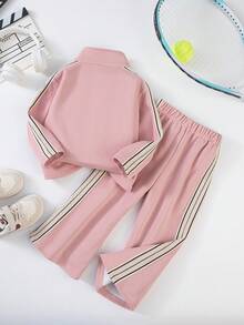 Set de 2 piezas de top con cuello alto a rayas y pantalones acampanados para niñas, estilo casual, ajuste holgado y elegante para otoño/invierno