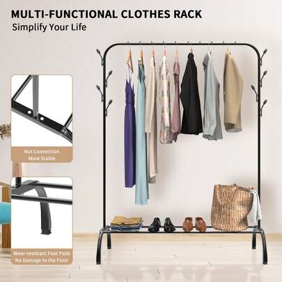 Bedroom Clothes Rack, 150 Cm Heavy-Duty Hanging Rail With Hooks, Supports Up To 42 Kg, Metal Hanger, Freestanding Storage Unit, Black