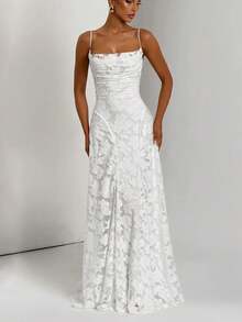 Elegant Off-The-Shoulder Jacquard Lace Strap Dress, Waist Tie, Graceful Evening Gown - 白色 - 查看 4