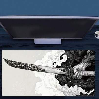 超大号武士剑游戏鼠标垫 - 黑色桌垫，华丽设计，可水洗橡胶桌垫，适用于笔记本电脑和台式电脑，办公室和家庭工作区必需品，办公桌鼠标垫