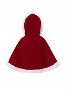 Capa navideña de terciopelo de lujo para niñas, estilo poncho con capucha y ribete de piel sintética, ideal para eventos de cosplay. - Rojo - Ver 3