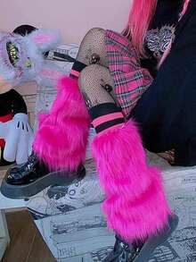 Y2K Autumn And Winter Plush Leg Warmers Leg Warmer In Rose Red Punk, Cozy - Hot Pink - View 5