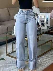 Chicsale Women's Loose Straight Leg Jeans, Wide Leg Denim Pants With Cuffed Hem For Women, Relaxed Fit Casual Streetwear Jeans High Rise Comfortable Trousers - Rửa nhẹ - Xem 5