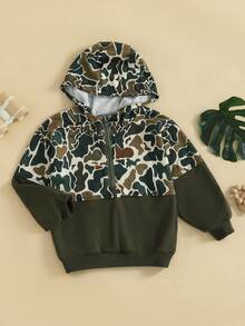 Sudadera con capucha de camuflaje para niño, sudadera de manga larga con media cremallera, jersey informal para niño pequeño - Verde - Ver 1