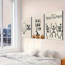 Set de 3 piezas de arte de pared en lienzo de Halloween - Impresiones vibrantes de calavera y calabaza, perfectas para la decoración de la sala de estar, el dormitorio, el pasillo, las decoraciones de Halloween, perfectas para la decoración de otoño de la habitación, pósteres de arte de pared sin marco vintage