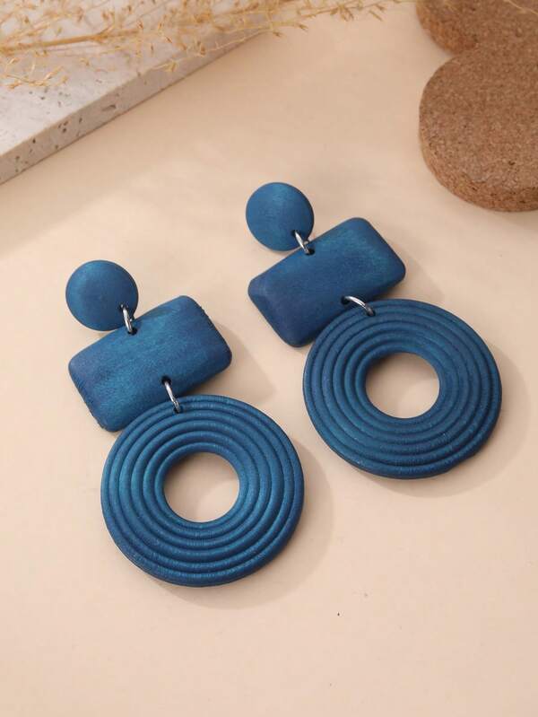 1 Pair Western Style Natural Geometric Wood Patchwork Long Blue Earrings For Women, Suitable For Western Vacation, Travel, Festivals, And As Gifts