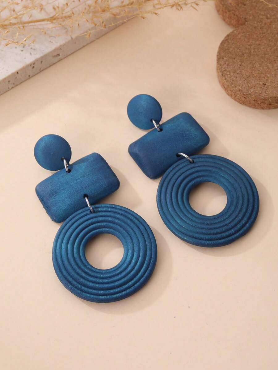 Natural Geometric Wooden Patchwork Long Earrings, Suitable For Beach, Party, Travel, Holiday, Daily Wear And Gift - Navy Blue - View 1