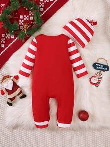 两件套万圣节服装：男婴橙色南瓜印花连体衣，圆领前开襟按扣 + 帽子 - 紅色 - 查看 2