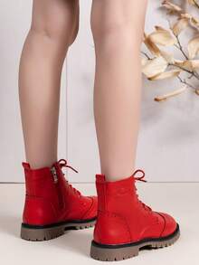 1 Đôi bốt cao đến giữa bắp chân màu đỏ và cam cho bé gái, màu trơn, mềm mại và thoải mái, da PU ấm áp và thoáng khí, khóa kéo bên hông, mũi tròn, đế dày, thời trang và dễ thương, phù hợp cho bé trai/bé gái từ 3-12 tuổi đi làm hàng ngày, đi học, đi nghỉ, mùa thu/đông - Đỏ - Xem 4