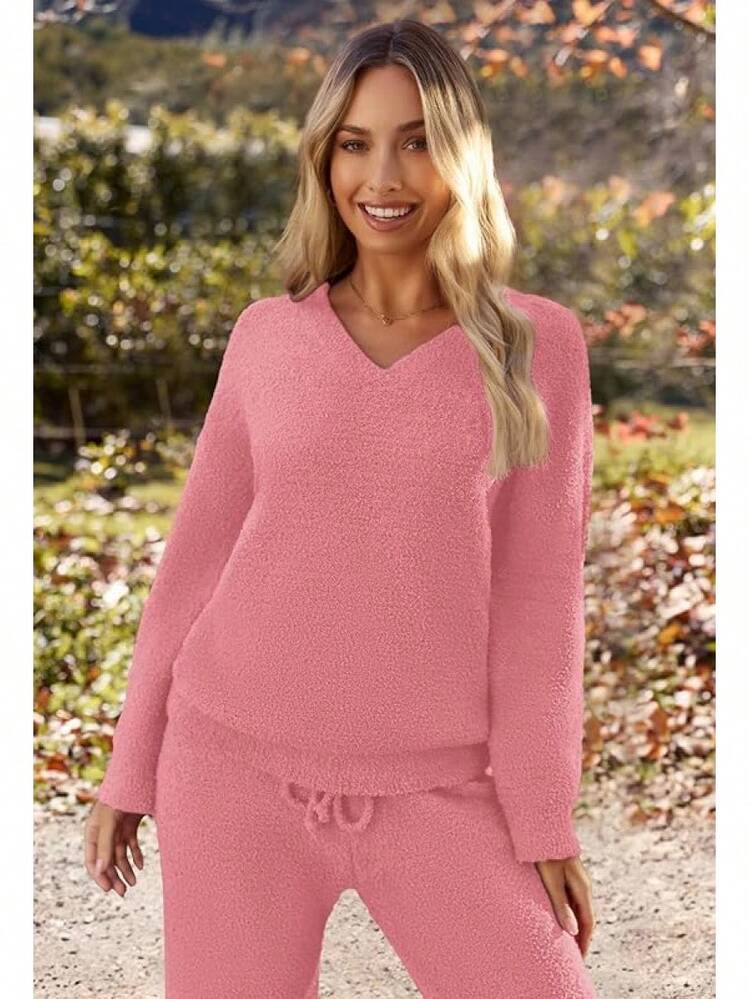 MEROKEETY Women's 2 Piece Outfits Fuzzy Fleece Pajama Set Long Sleeve Top Wide Leg Pants Loungewear - 光珊瑚 - 查看 7