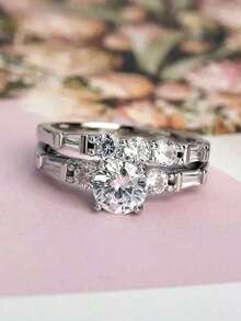 2Pcs Sparkling Cubic Diamond Ring, High-Quality Engagement Ring, Low-Key Luxury, Skin-Friendly And Comfortable, Suitable For Daily Wear, Women's Valentine's Day, Wedding Anniversary Party Jewelry, The Ultimate Choice For Mothers And Girlfriends