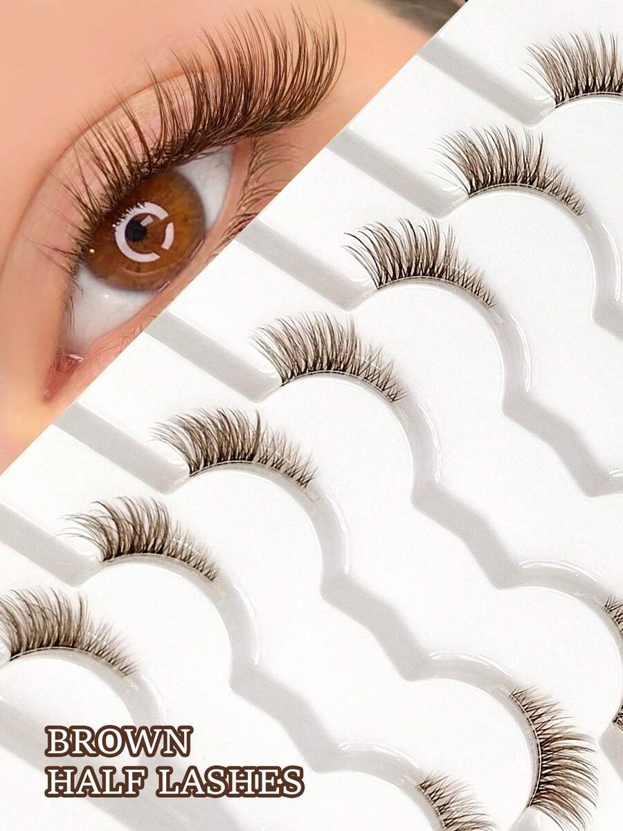 7/14/21 Pairs Brown Natural Look Corner False Eyelashes, Transparent Band, Soft & Fluffy Cat Eye End Eye Elongated False Eyelashes Naturally Half-Eye Cross Reusable Lashes