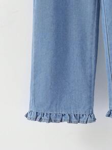 2件組女童時尚短款娃娃風喇叭袖花卉刺繡牛仔長袖上衣與荷葉邊飾中藍色牛仔長褲套裝，秋季薄款短上衣 - 中等水洗藍 - 查看 8