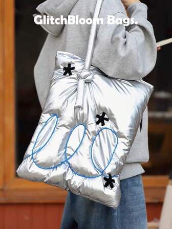 GlitchBloom 包袋。Y2K 时尚百搭棉质手提包、单肩包、笔记本电脑包，适合购物、送礼、秋冬