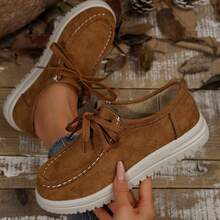 Retro Suede Thick Sole Lace-Up Women Casual Shoes, Lightweight Shock-Absorbing Fashionable For Daily Wear - 棕色 - 查看 1