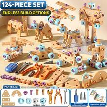 Pojkars gör-det-själv-monteringsleksak, 124/126-delars elektrisk skruvmejsel, skruvar, plattor, hjul och verktyg, inklusive ett byggbart robot-/bil-/flygplansset, perfekt för barn i åldrarna 3-8. STEM-lärande leksaker