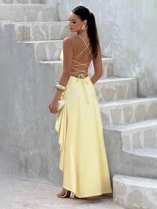 Vestido de tirantes con abertura y volantes en el bajo, de unicolor y sexy para mujer - Amarillo - Ver 2