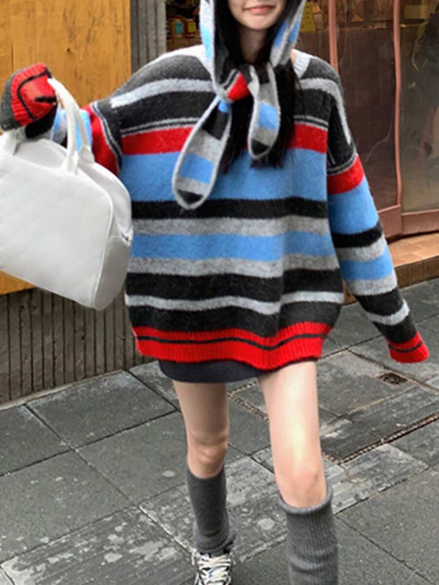 Alicedudu طقم كنزة صوفية وقبعة ملونة بخطوط للنساء، مجموعة من قطعتين، للخريف/الشتاء