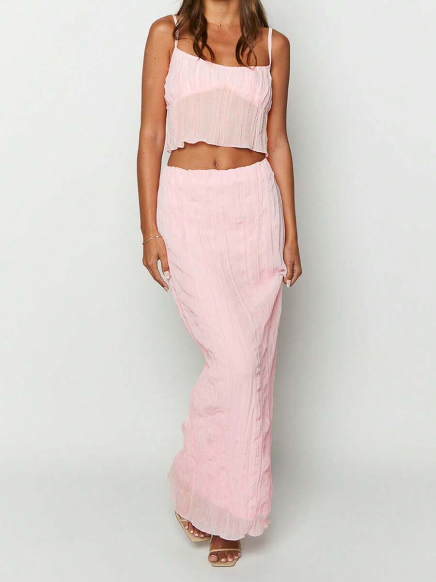 Womens Two Piece Summer Outfits Sleeveless Ruffle Hem Cami Tops And Long Skirt Set Beachwear - 粉色 - 查看 1