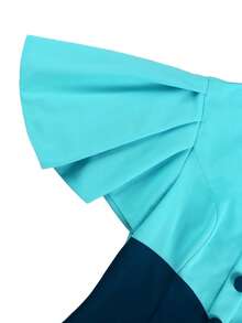 AOMEI Women's Button Design Elegant Contrast Color Ruffle Sleeve Bodycon Dress - Blue - View 5