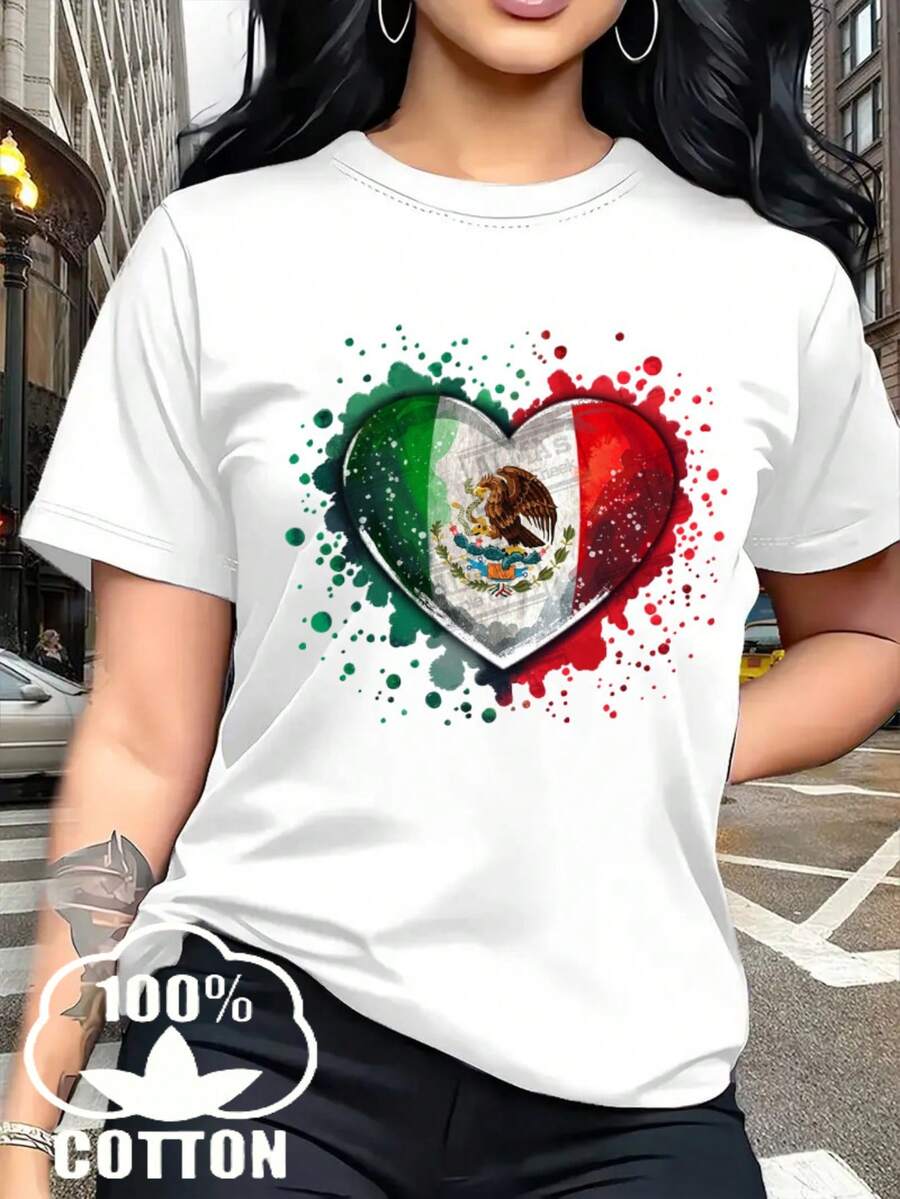 Camiseta casual para mujer, 100 % algodón, con estampado de corazones. Esta camiseta de cuello redondo y manga corta es cómoda y versátil, perfecta para primavera y verano, ideal para cualquier ocasión. Su diseño de color liso la hace perfecta para el día a día. - Blanco - Ver 1