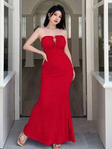 abyoxi 橙色性感深V领抹胸修身美人鱼长裙，金属装饰，露肩领口，纹理面料，休闲通勤简约优雅沙滩度假连衣裙，性感少女风春夏新款女装派对服饰 - 紅色 - 查看 5