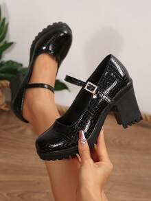Women's Classic Thick Heel High Heels, Chunky Heel Pumps, Comfortable Work Shoes, Spring/Summer 2025 - 黑色 - 查看 3