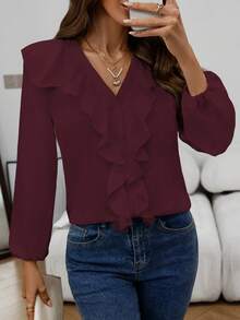 Lässige Bluse mit V-Ausschnitt, Langarm und gerüschtem Saum