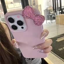 1pc Luxury Rhinestone Bow Embossed TPU Phone Case, Compatible With Apple 16, 15, 14, 13, 12, 11 Pro Max, Pink - Multicolor - View 4