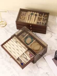 3-Tier Luxury Black Walnut Wood Jewelry Box, Drawer Style Jewelry Storage Case With Transparent Acrylic Display, Classic Design - Multicolor - View 9