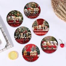 6 pièces/set ou 420 pièces/70 sets Chiens de Noël assis dans un camion rouge, motif sapin de Noël et flocons de neige, dessous-de-verre ronds en caoutchouc absorbant de 10 cm/2 mm d'épaisseur avec fond en caoutchouc souple, dessous-de-verre décoratifs convenant pour les tasses, la décoration de la cuisine et de la table de salle à manger