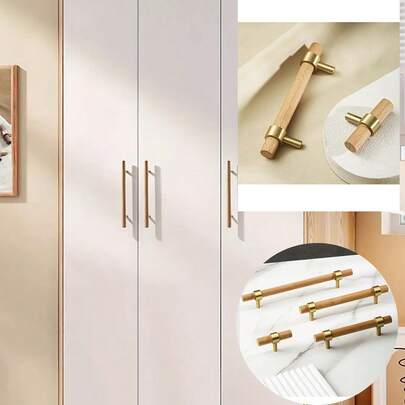 1pc Beechwood Pull Handle, Beechwood + Brass Material, Modern Minimalist Cabinet Furniture Drawer Pull, Wardrobe Door Handle, Beechwood Handle, Modern Minimalist Cabinet Furniture Drawer