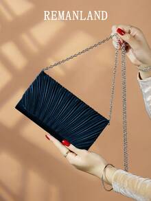 REMANLAND 闪亮时尚优雅休闲晚宴包信封包，迷人奢华精致小方包链条包，非常适合女性，学生，白领，新娘晚宴包钱包手提包，适合婚礼，女性生日派对，舞会，晚宴手提包晚宴包，是送给女性的最佳礼物 - 藏蓝色 - 查看 3