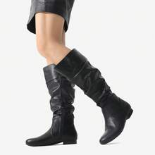 Women's Wide Calf Knee High Boots Fur Lined Side Zipper Fall Winter Boots - PU đen - Xem 5