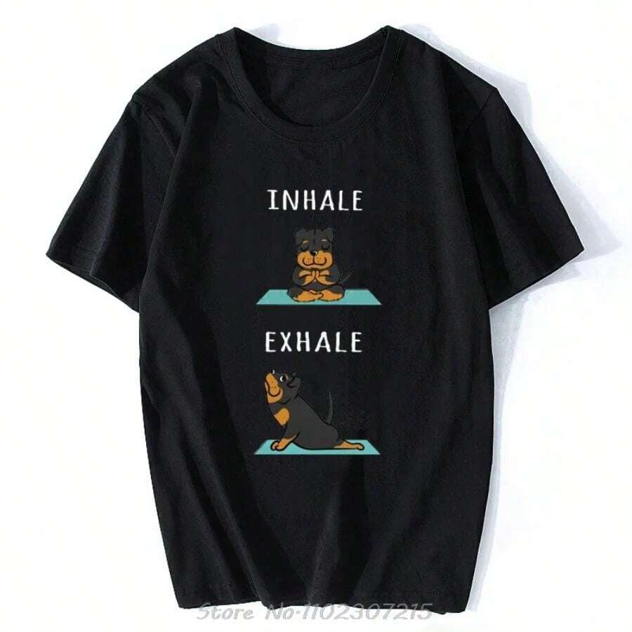 Male Rottweiler Yoga Inhale Exhale T Shirts Short Sleeves Cotton Tshirt Stylish T-Shirt Printed German Metzgerhund Dog Lover Tee - 黑色 - 查看 1