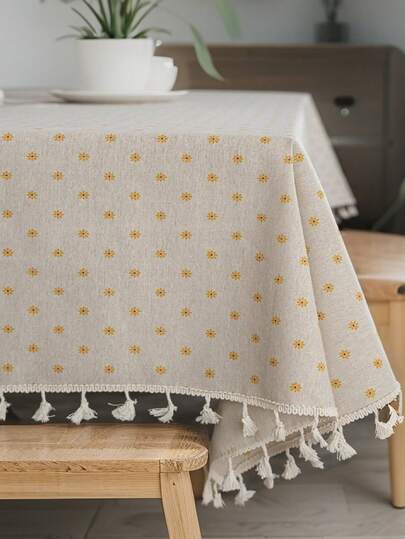 1件雏菊印花长方形桌布，波西米亚农舍风格米色流苏家居装饰桌布，适用于餐厅、厨房、客厅、派对、婚礼、咖啡馆