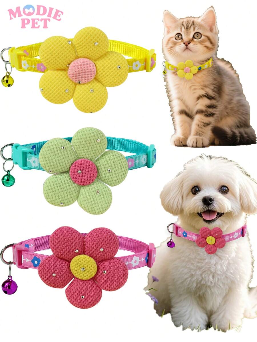 1/3pcs Cute Flower Bells Pet Collar With Leash Clasp, Adjustable Collar For Decorating Pet Cats And Dogs