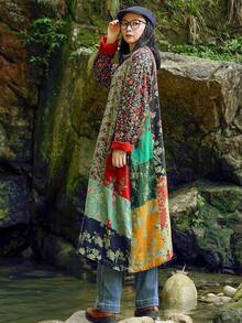 LUZU JUNU Women's Trench Coat Floral Print Long Cotton Linen Jacke Cottagecore Clothing Patchwork Outwear Bohemian Unique - 綠色 - 查看 5