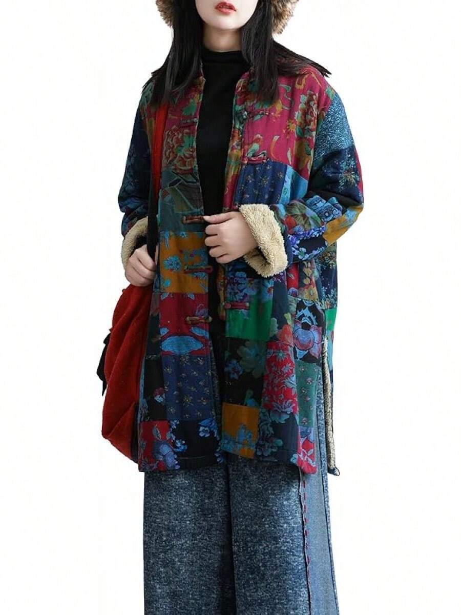 LUZU JUNU Women's Trench Coat Floral Print Long Cotton Linen Jacke Cottagecore Clothing Patchwork Outwear Bohemian Unique - 藍色夾克毛絨襯裡 - 查看 1