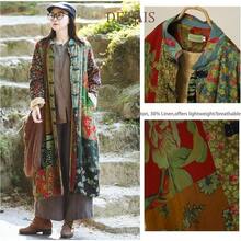 LUZU JUNU Women's Trench Coat Floral Print Long Cotton Linen Jacke Cottagecore Clothing Patchwork Outwear Bohemian Unique - 綠色毛絨襯裡 - 查看 3