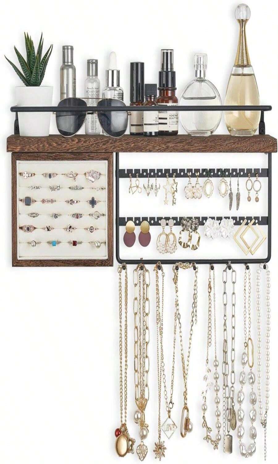 Mkono Hanging Jewelry Organizer Wall Mounted Jewelry Organizer Necklace Holder With Rustic Wood Shelf, Ring Display Box, Ear Studs Earring Holder Bracelet Organizer