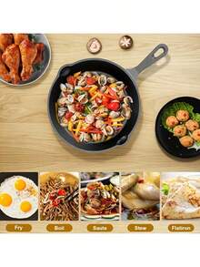4-Piece Cast Iron Frying Pan Set, Kitchen Pot Set, Physical Non-Stick Pans With Integrated Anti-Scalding Handles, 10.2", 7.87", 6.3", 5.51" Pans, Suitable For Frying, Stir-Frying, Cooking, Pizza, Black, Cast Iron Cookware, Frying Pan