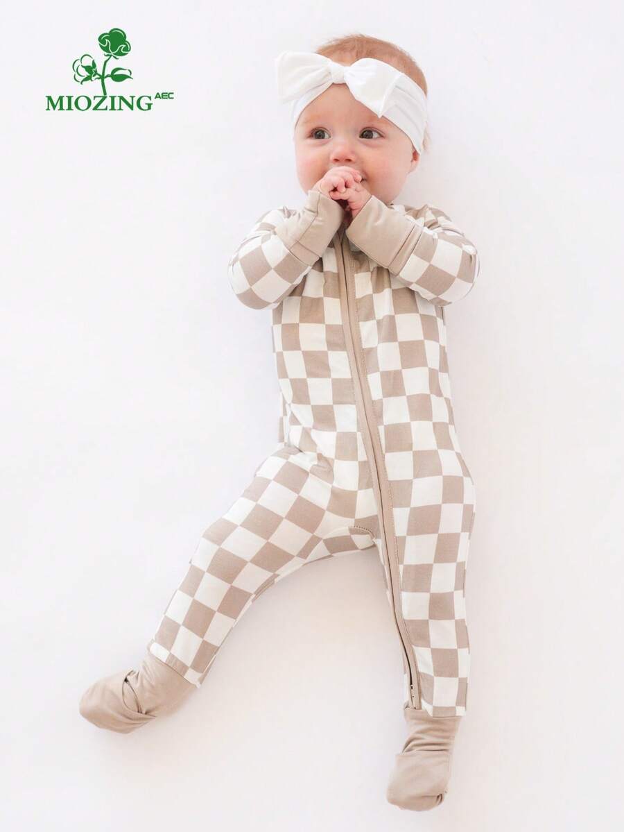 MIOZING Bamboo Fiber Fabric,Light Gray Checkerboard Bodysuit ,  Classic Checkboard Pattern Jumpsuit , Infant Long Sleeve Zip Up Romper,Unisex Outfit For Spring, Machine Washable, Perfect For Outdoor,Baby Clothes Girl,Baby Clothes Boy,Christmas,Halloween - 淺灰色 - 查看 1
