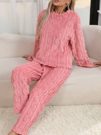 2pcs Women Autumn/Winter Casual Solid Color Ribbed Flannel Fluffy Pajama Set, Long Sleeve Top And Pants, Suitable For Loungewear, Fall Winter Clothes, Cozy Outfit