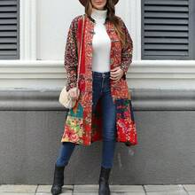 LUZU JUNU Women's Trench Coat Floral Print Long Cotton Linen Jacke Cottagecore Clothing Patchwork Outwear Bohemian Unique - 黃色 - 查看 6